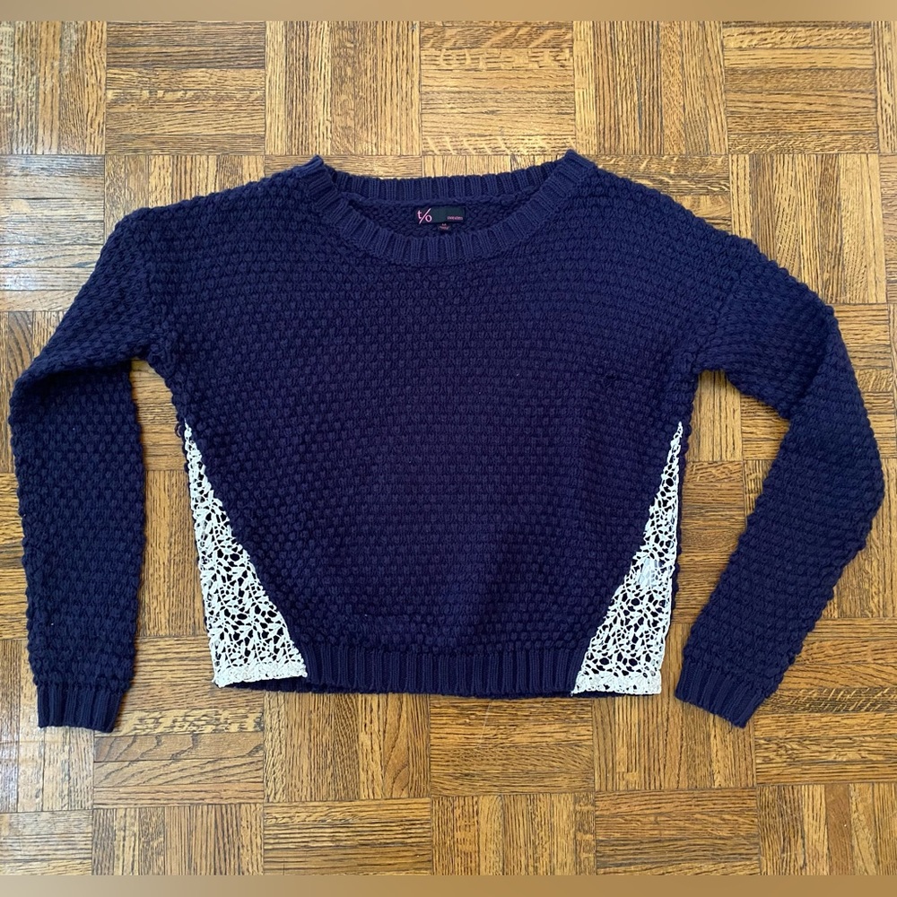 Navy Blue Crochet Cut Out Detail Crewneck Sweater